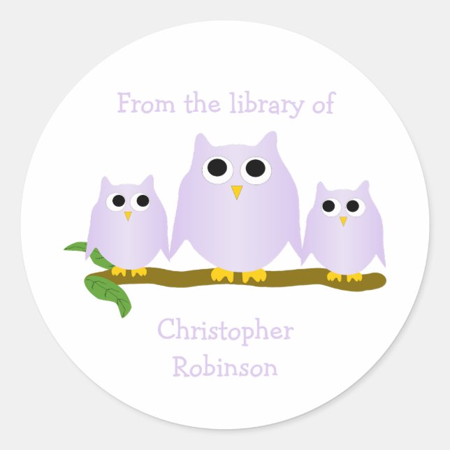 Lilac Owls Design Bookplate Classic Round Sticker (Front)
