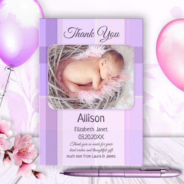 Lilac Pastel Plaid Baby Photo Thank You Card (Creator Uploaded)