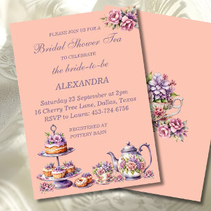 Lilac Peach Floral Whimsical Tea Bridal Shower Invitation