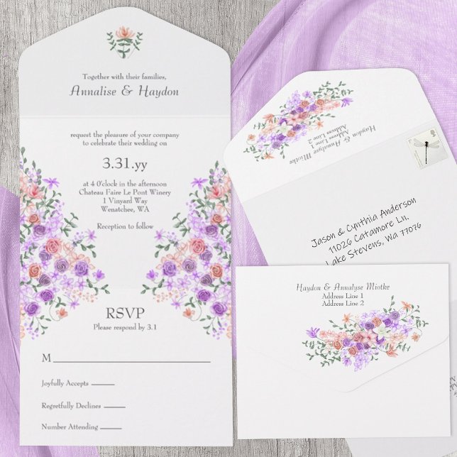 Lilac & Peach Rose Bouquet Wedding All In One Invitation (lilac & peach all-in-one floral wedding invitations, rose vines springtime summer, purple, lavender)