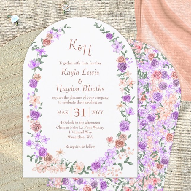 Lilac & Peach Rose Garden Wedding Arches Invitation (peach lilac floral wedding invitation, light purple pink mauve blush roses, french lavender)