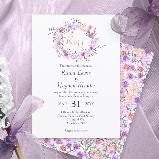 Lilac & Peach Rose Wreath Wedding Invitation (Lilac purple and peach rose wreath, botanical rose garden wedding invitations, round roses vine)