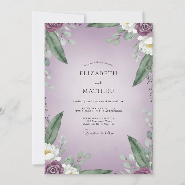 Lilac Pearl White Leafy Wedding Invitation (Front)
