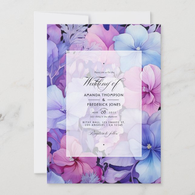 Lilac, Periwinkle and Lavender Floral Wedding Invitation (Front)