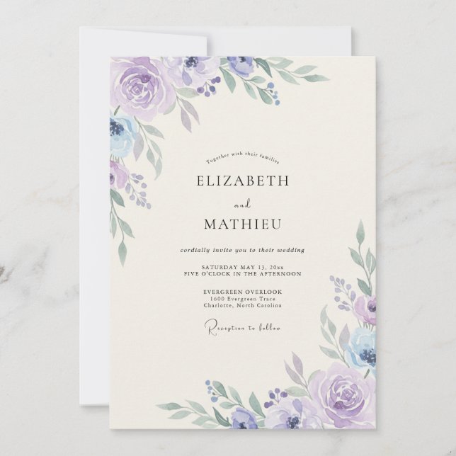 Lilac Periwinkle Ranunculus Eucalyptus Wedding Invitation (Front)