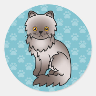 Lilac Persian Cat Cartoon Drawing On Blue Classic Round Sticker