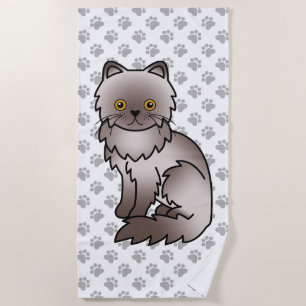 Lilac Persian Cute Cartoon Cat & Paws Beach Towel