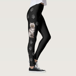 Lilac Persian Cute Cartoon Cat & Paws Black Leggings