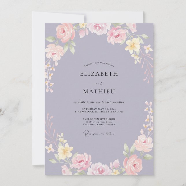 Lilac Petal Pink Wreath Wedding Invitation (Front)