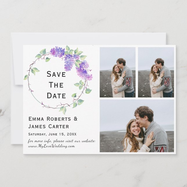 Lilac Photo Collage Save the Date Card (Front)