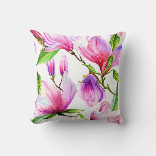 Lilac pink and violet watercolor magnolia flowers cushion (Front)