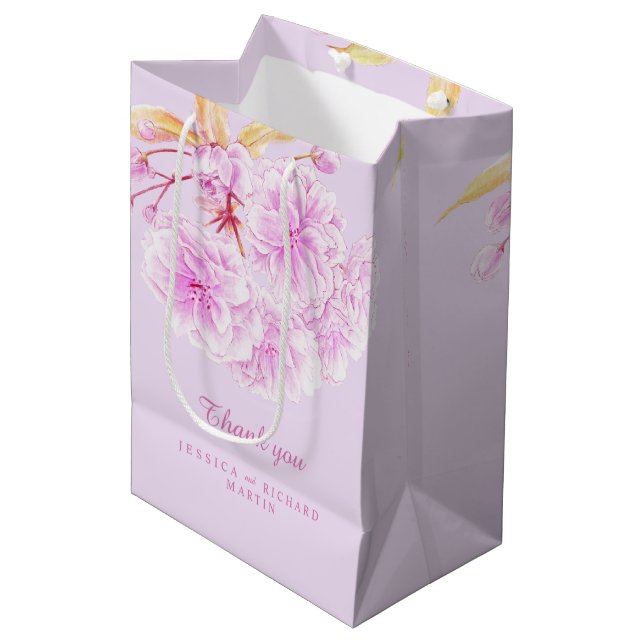 Lilac pink blossom flowers art wedding thank you medium gift bag (Front Angled)