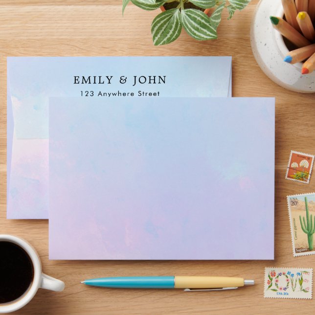 Lilac Pink & Blue Watercolor Name Address Wedding Envelope (Desk)
