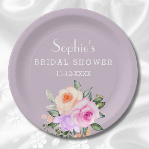 Lilac Pink Bright Floral Roses Bridal Shower Paper Plate