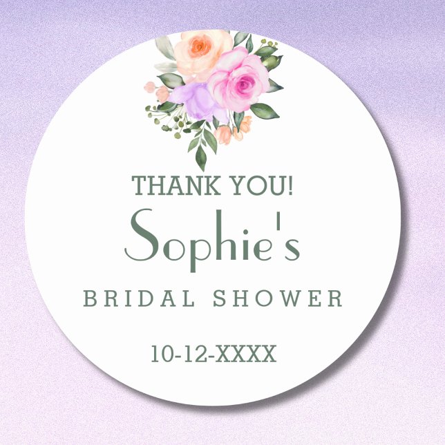 Lilac Pink Bright Roses Bridal Shower Thank You   Classic Round Sticker (Creator Uploaded)