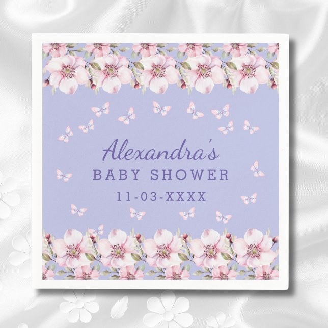 Lilac Pink Floral Butterfly Baby Shower Napkin (Creator Uploaded)
