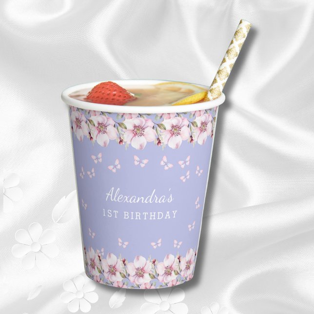 Lilac Pink Floral Girl Butterfly 1st Birthday Paper Cups (Creator Uploaded)