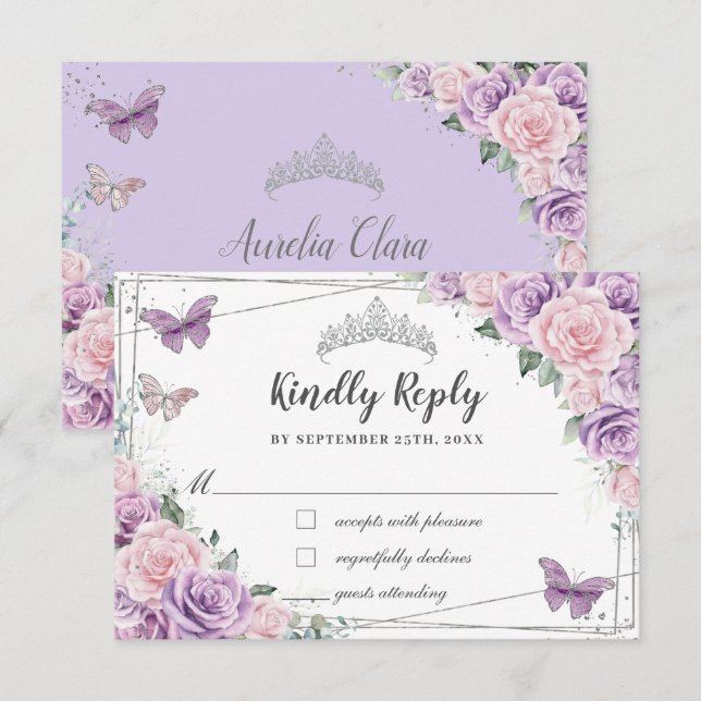Lilac Pink Floral Roses Quinceañera Butterflies RSVP Card (Front/Back)
