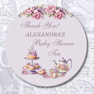 Lilac Pink Floral Tea Party Baby Shower Favour Classic Round Sticker