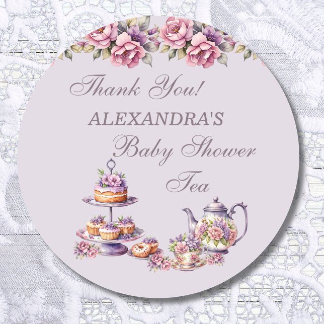 Lilac Pink Floral Tea Party Baby Shower Favour Classic Round Sticker (Creator Uploaded)