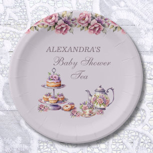Lilac Pink Floral Tea Party Baby Shower Paper Plate