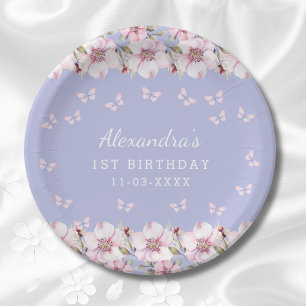 Lilac Pink Floral Whimsical Butterfly 1st Birthday Paper Plate