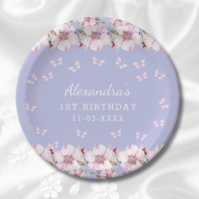 Lilac Pink Floral Whimsical Butterfly 1st Birthday Paper Plate (Creator Uploaded)