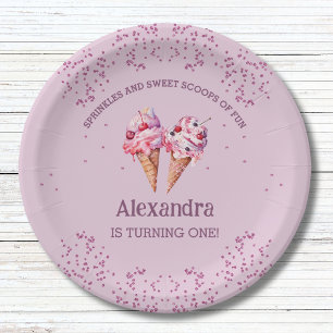Lilac Pink Girl Ice Cream 1st Birthday Party Paper Plate