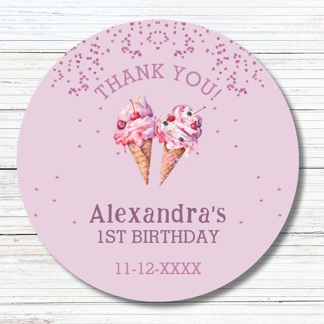 Lilac Pink Girl Ice Cream 1st Birthday Thank You Classic Round Sticker (Creator Uploaded)