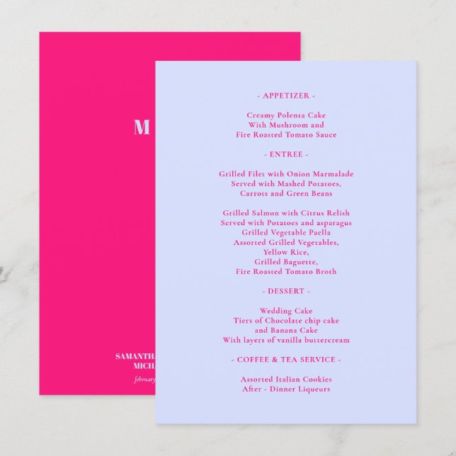 Lilac Pink Menu Simple formal wedding (Front/Back)