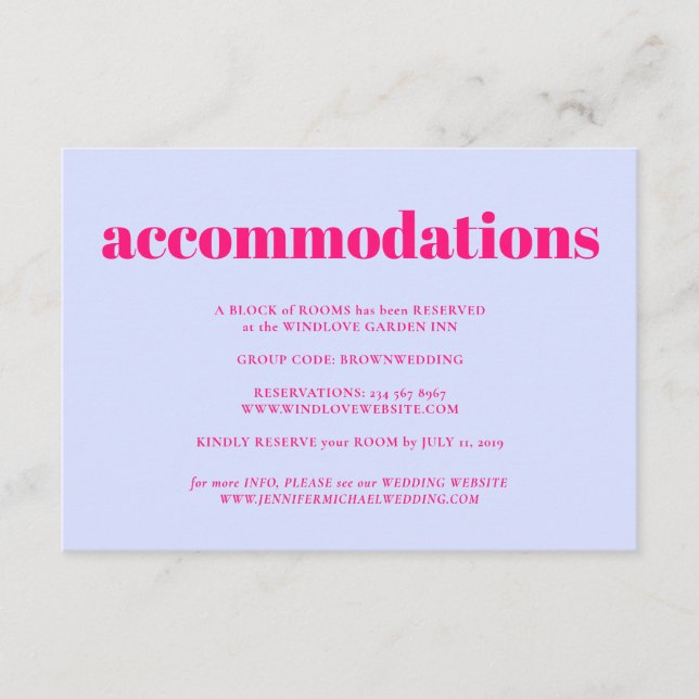 Lilac Pink Minimalist Wedding Accommodations Enclosure Card (Front)