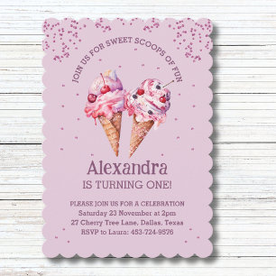Lilac Pink Sprinkles Girl Ice Cream 1st Birthday Invitation