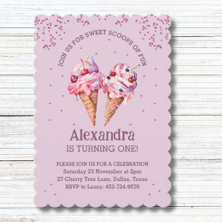 Lilac Pink Sprinkles Girl Ice Cream 1st Birthday Invitation