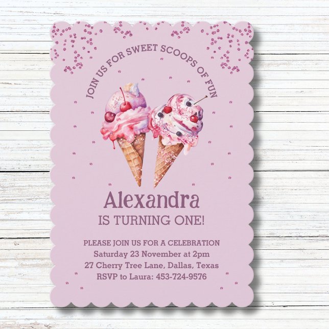 Lilac Pink Sprinkles Girl Ice Cream 1st Birthday Invitation (Creator Uploaded)