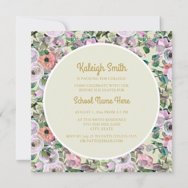 Lilac Pink Watercolor Floral Sage College Trunk Invitation (Front)