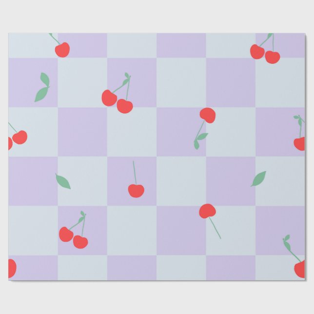 Lilac plaid pattern with cherry wrapping paper (Flat)