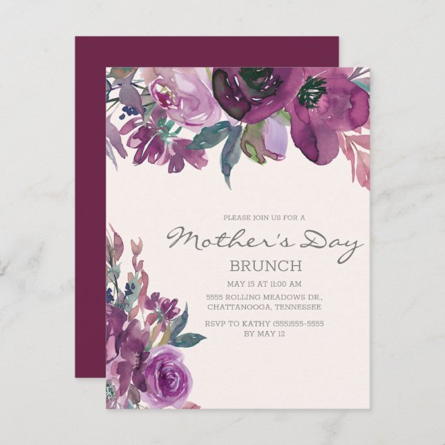 Lilac Plum Purple Floral Script Mother's Day Invitation (Front/Back)