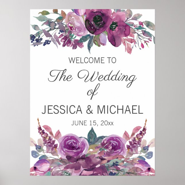 Lilac Plum Purple Watercolor Floral Wedding Poster (Front)
