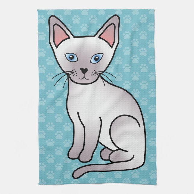 Lilac Point Siamese Breed Cat Cartoon Drawing Tea Towel (Vertical)
