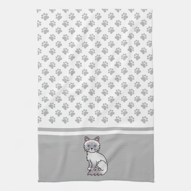 Lilac Point Tabby Birman / Ragdoll Cute Cat & Paws Tea Towel (Vertical)