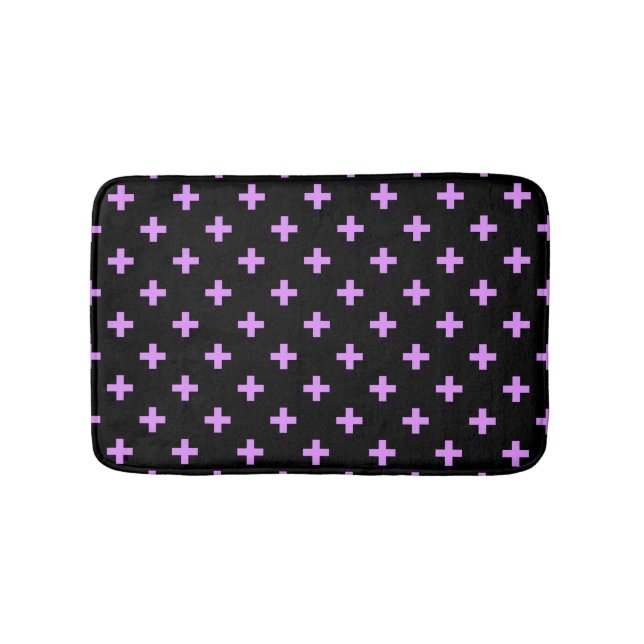 Lilac polka crosses on black bath mat (Front)