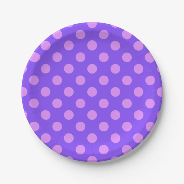 Lilac polka dots on periwinkle paper plate (Front)