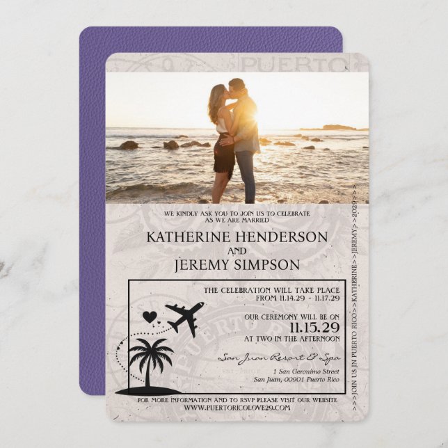 Lilac Puerto Rico Passport Wedding Invitation (Front/Back)
