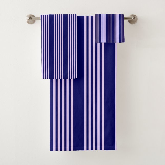 Lilac purple and navy blue five stripes pattern bath towel set (Insitu)