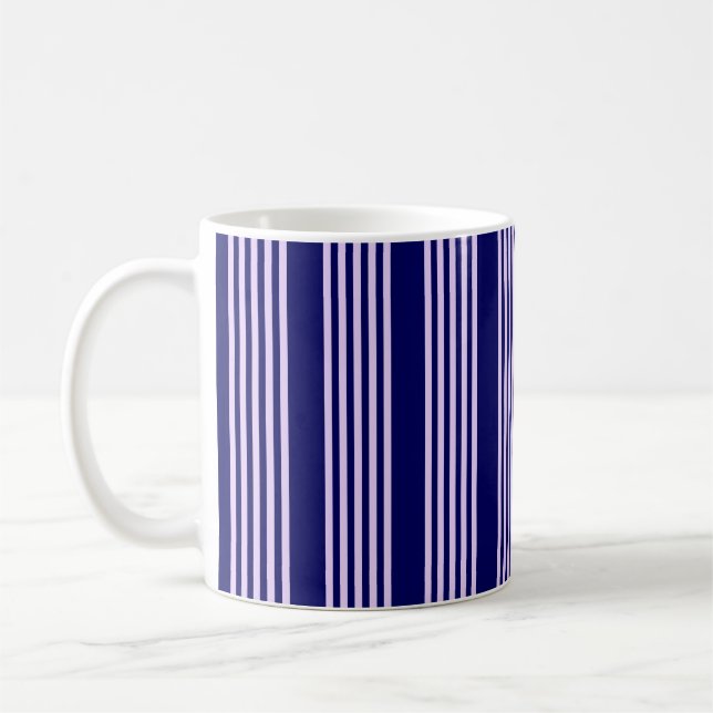 Lilac purple and navy blue five stripes pattern coffee mug (Left)