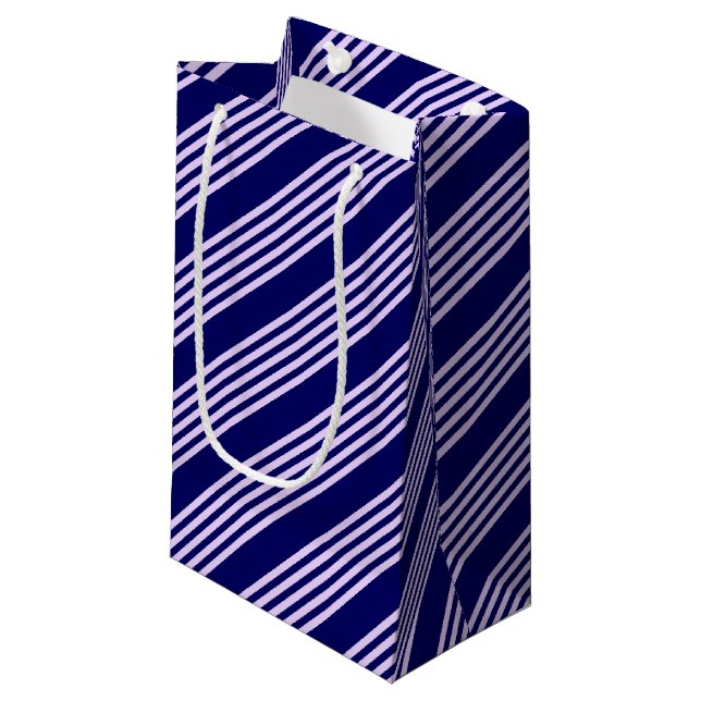 Lilac purple and navy blue five stripes pattern small gift bag (Front Angled)