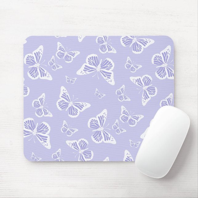 Lilac Purple and White Butterfly Motif Pattern Mouse Pad (With Mouse)