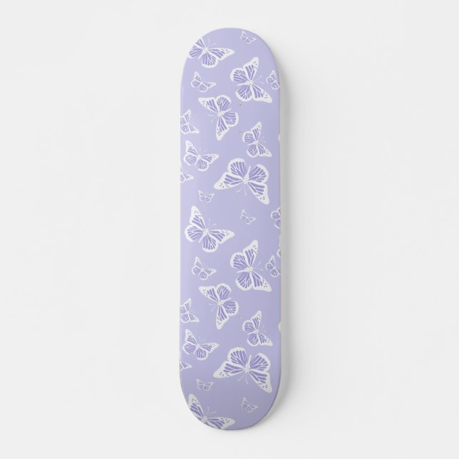 Lilac Purple and White Butterfly Motif Pattern Skateboard (Front)