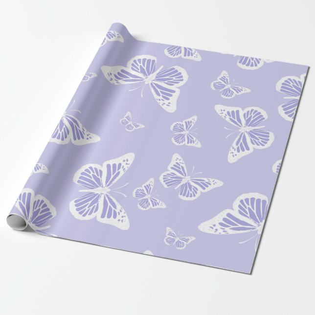 Lilac Purple and White Butterfly Motif Pattern Wrapping Paper (Unrolled)