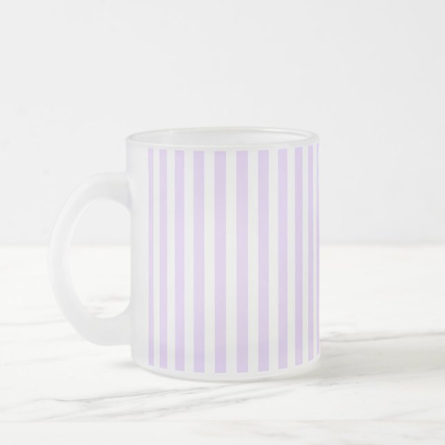 Lilac purple and white candy stripes frosted glass coffee mug (Left)